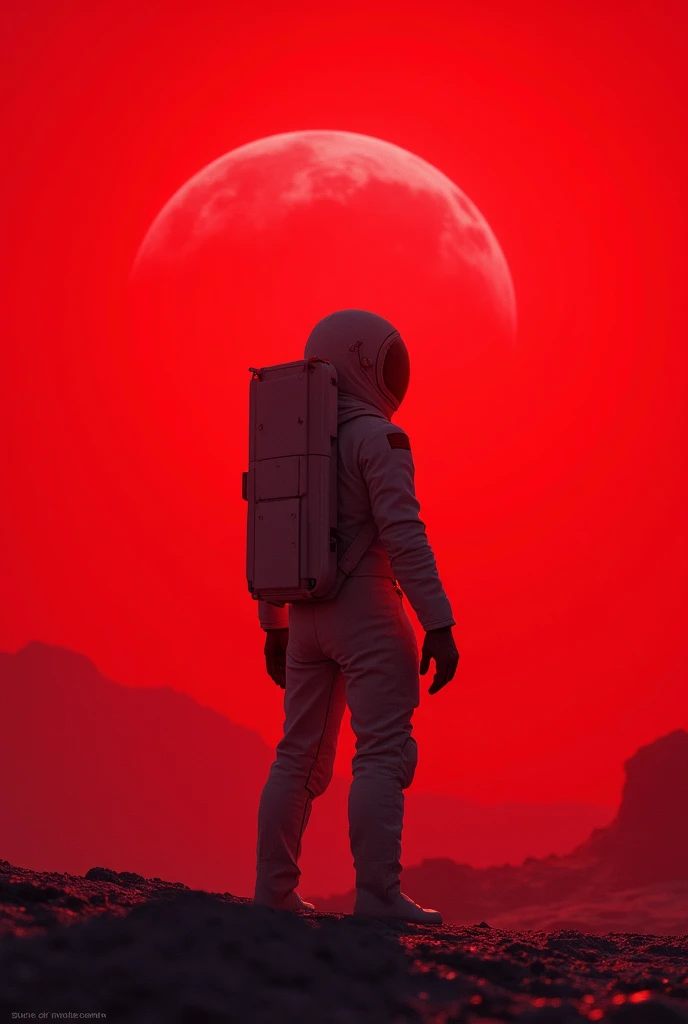 Cosmonaut looking at moon on jupiter red background