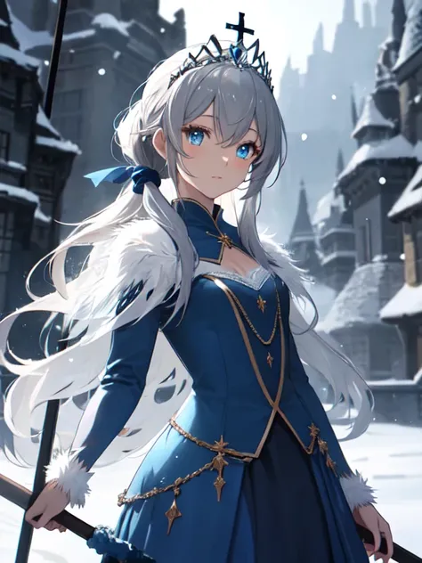 Gray Hair:1.5, Diamond Dust, Blue Dress, Ice Country, The Snow Queen, Background is an ice castle, Cute face:1.5, small:1.5, long hair:1.5, pony tail, Blue Eyes, Tiara, Holy Staff UHD, masterpiece, accurate, anatomically correct, textured skin, super detai...