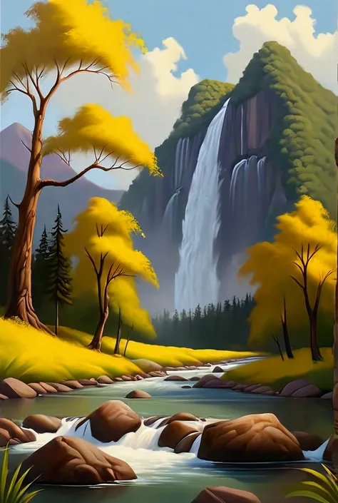 oil painting, panoramic view of a river between the mountains, vegetation with large trees, in the background a large mountain with a beautiful waterfall, yellowish sky with clouds, vivid colors