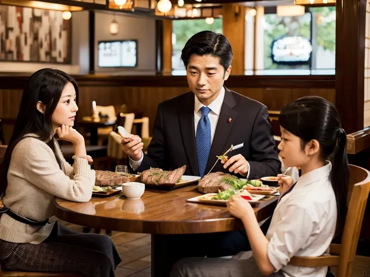 ,very detailed, high quality, masterpiece,a japanese family eating steak in a restaurant,mom is dressed,dad is in a suit