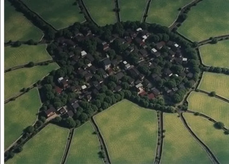 View of a small town in a big green field, Hasegawa Tohaku&#39;s album cover, Flicker, creation, Satellite imagery, Satellite imagery, Seen from Earth, Aerial view of ancient lands, Shooting from above, Seen from space, Photo from above, island, Bird&#39;s...