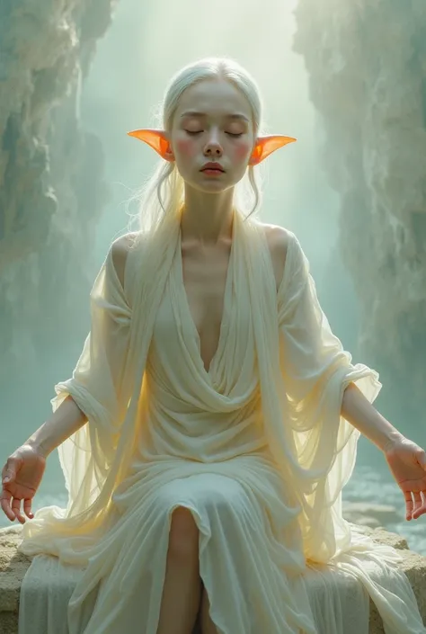 Create a surreal painting of a male elf expressing tranquility 