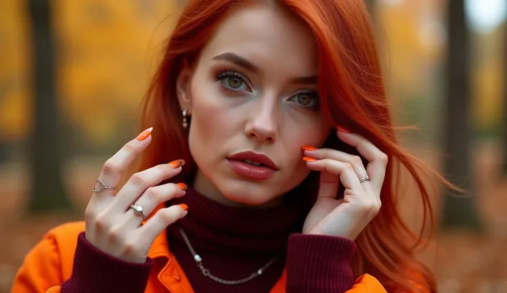 Nude, hyperrealistic, real photo of a young woman with manicure, hands over heart, intricate details, all fingers visible, super detailed face, beautiful, sexy, gorgeous, female model, sexy smile, necklace, orange jacket, burgundy sweater, red hair, expres...