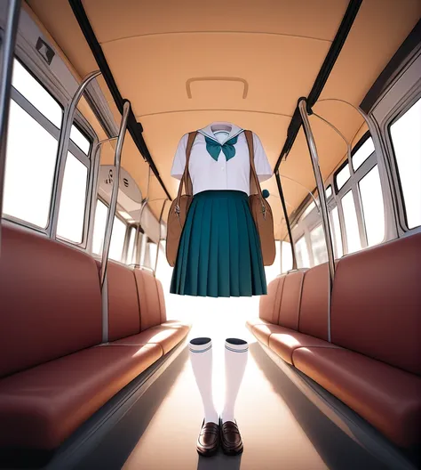 "a surreal scene inside a bus where a japanese school uniform, complete with a pleated blue skirt, white sailor-style blouse wit...