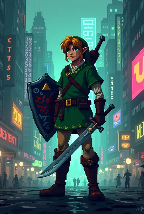 8bit art style, cyberpunk theme, link from Zelda 