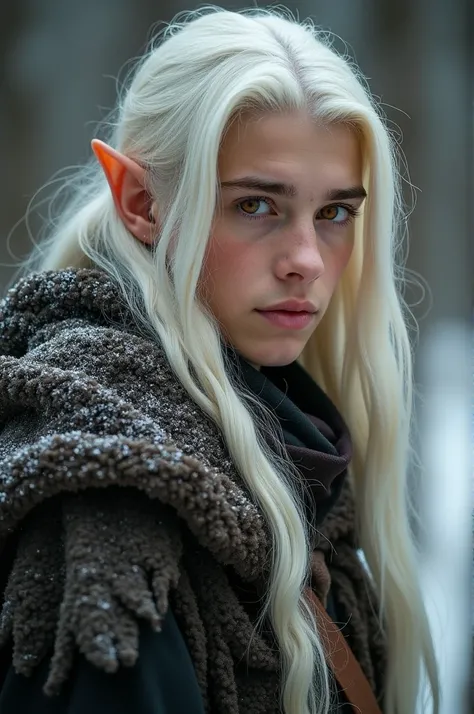 A young brown male elf, long white hair, amber eyes, long cold weather clothes from medieval times