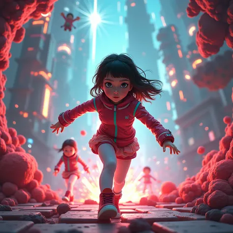 a girl in a futuristic time-traveling outfit running through a time portal, 1girl, elaborate detailed face and features, beautiful detailed eyes,beautiful detailed lips,extremely detailed eyes and face,longeyelashes, bomberman characters in action poses mi...