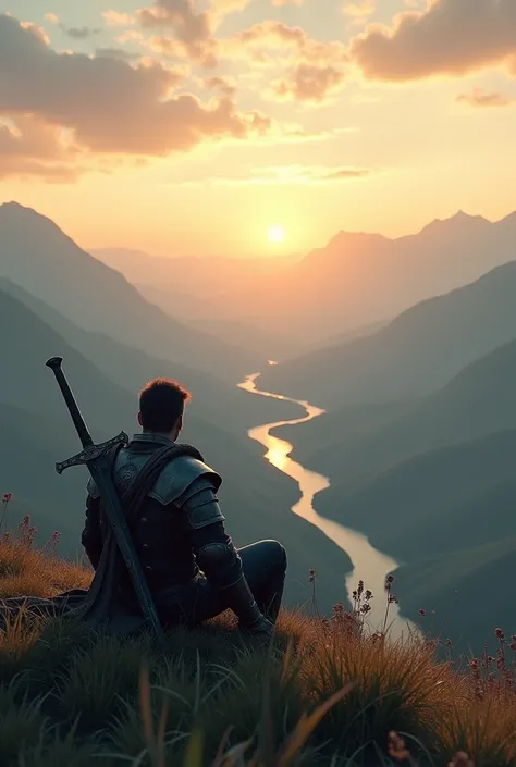 "Create an image of a lone warrior seen from behind, sitting on a grassy hilltop, gazing out at a stunning evening landscape. The warriors weathered armor and sword rest by his side, as he sits in quiet reflection. Below him, a vast valley unfolds, with ro...