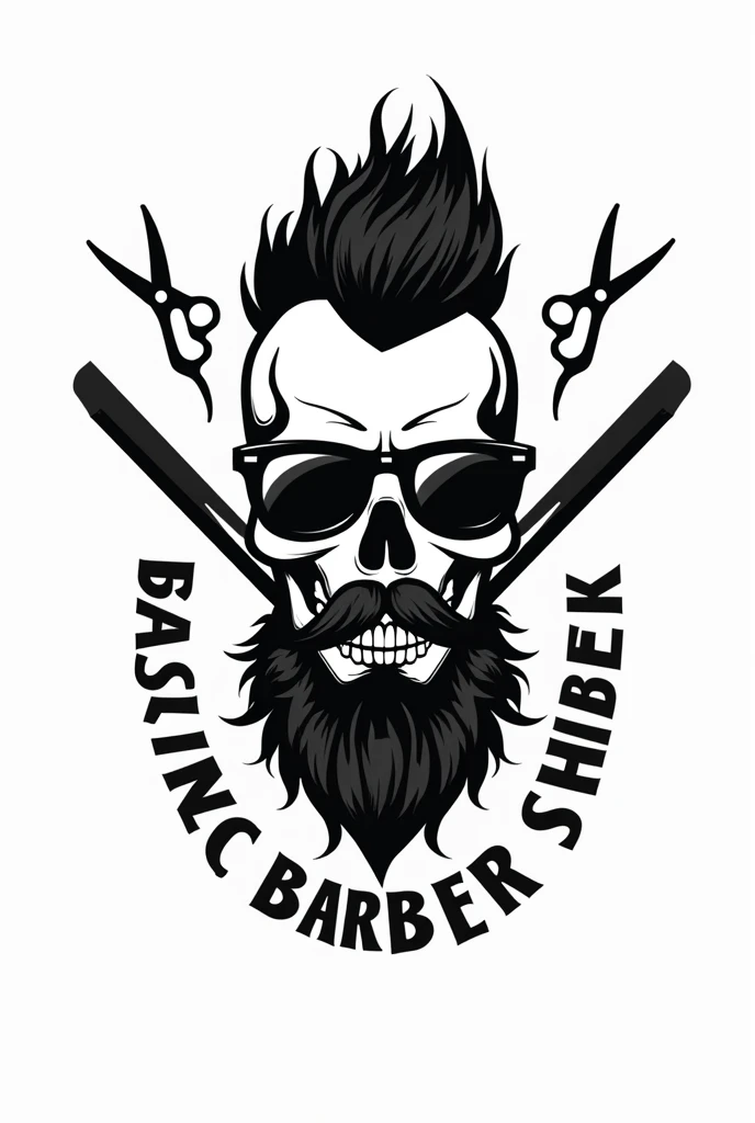 black and white barber shop logo written "classic barber shop" with a skull with a beard and mustache, mohawk hair and sunglasses, with scissors and a razor behind him