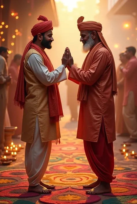 Two Indian Man greeting each other respectfully dressed in  Indian attire during Diwali