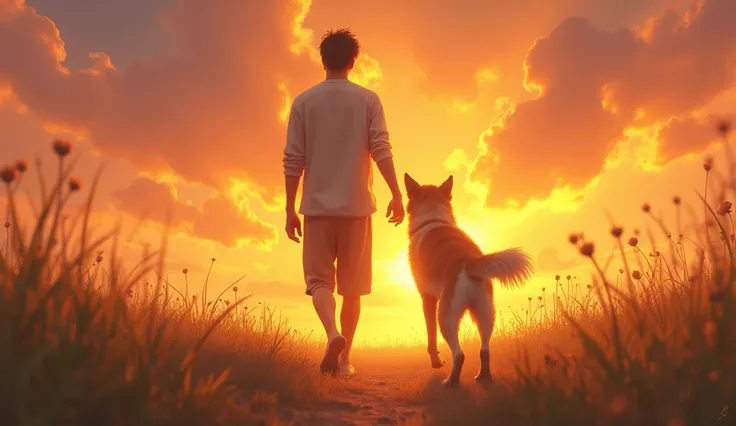 a man and his dog, thoughtful expression, compassionate, kind-hearted, walking together, serene landscape, sunset sky, glowing light, warm colors, cinematic mood, ethereal, spiritual, divine, heavenly, transcendent, emotional, uplifting, (best quality,4k,8...