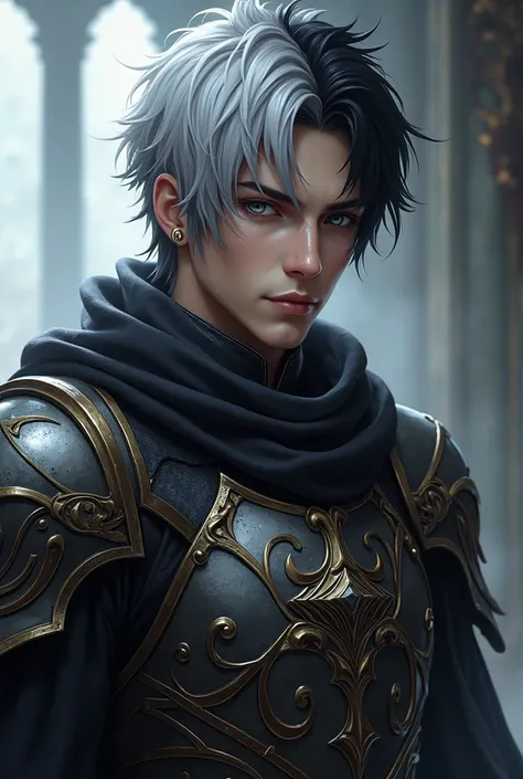 Male protagonist in a fantasy web novel, He is handsome, wearing nice armor and has black and white hair and eyes..