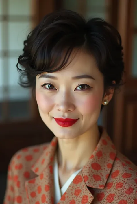 Japanese fashion model、((Mature Woman)),50 talents、Realistic Face、Mature Face、(8k, RAW photo, best quality, masterpiece:1.2), (realistic, photo-realistic:1.4),Retro costume style。The hairstyle is a short vintage style、Her makeup consisted of classic eyelin...