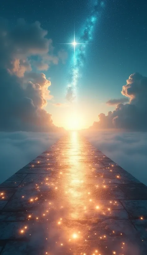 Prompt: "A path of light leading towards a bright, ethereal destination. The background features a vast, open sky, symbolizing the spiritual journey and the potential for divine elevation through sincere worship."
