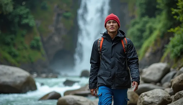 Realistic human photo,   A handsome Indonesian man named Yudis with straight hair, wearing a red beanie, a plain black winter jacket, blue hiking pants,  he is walkng at the river between Stones at tropic river in salak mounth Bogor,her expression is very ...