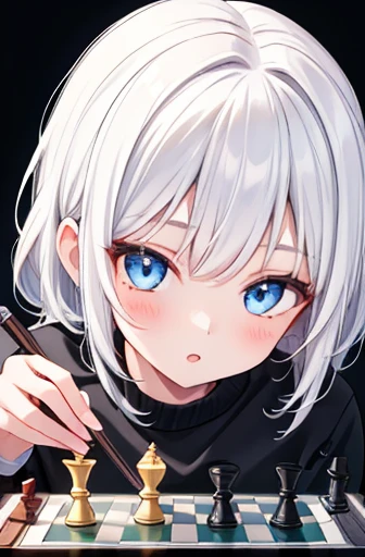 1girl, white hair, vibrant blue eyes, casual wear, playing chess, chessboard, casual background, beautiful eyes, beautiful hair, masterpiece, 4k, hd, detailed, detailed face,大きい胸