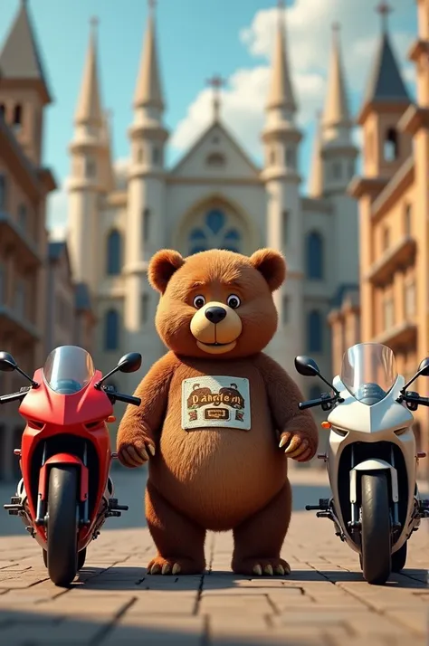 A brown bear with two motorcycles, one red and one white. Behind him is a cathedral. The bear on his chest says &quot;Daddy Bear.&quot;