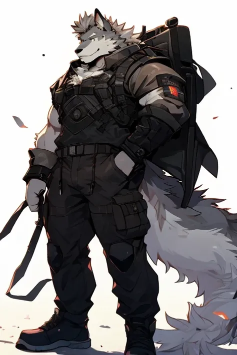 An Upper Torso Body And Right Side Body Picture of A Very Muscular Furry style Gray Wolf. he is wearing Full Long Dark Green Soldier military Suit outfit. He is looking at the viewer. The background is only solid white nothing but just white. His hair is s...