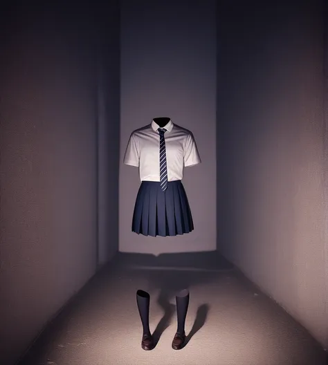 a headless figure wearing a classic school uniform stands in a dimly lit urban alley at night. the uniform consists of a white b...