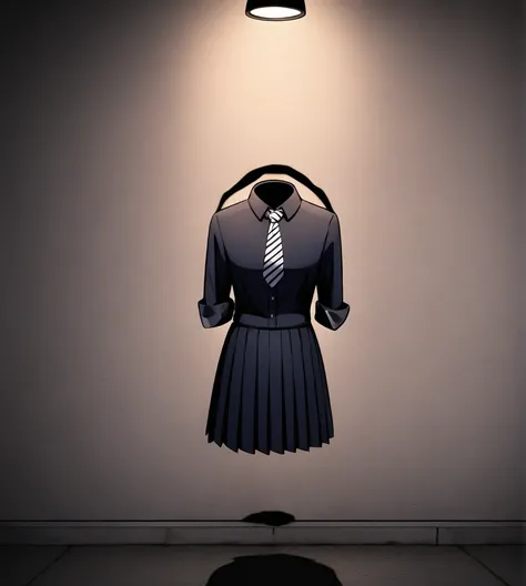 A headless figure wearing a classic school uniform stands in a dimly lit urban alley at night. The uniform consists of a white button-up shirt, a striped tie, a navy pleated skirt, and black stockings. The figures body is visible, but the head is completel...