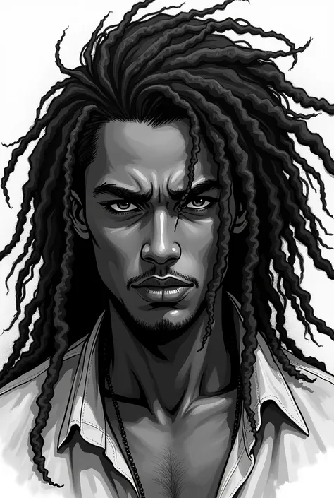 Create a man with long African hair in black and white manga style