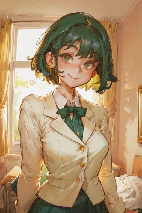 1 girl, hands on the back, school girl, short, (smiling with teeth), cheerful, ((blushing)), medium hair, [green hair], ((detail...