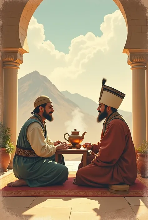 An Uzbek and a Kyrgyz man sit at a low wooden table, on which there is a teapot and bowls of tea. They smile and chat over traditional tea..

An Uzbek wears a traditional duppi on his head - a square or round hat with embroidered patterns. He is dressed in...