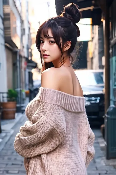 Highest quality、Anime Style、Many women、slim、Too big breasts、emphasize、Off-the-shoulder sweater、Back Alley