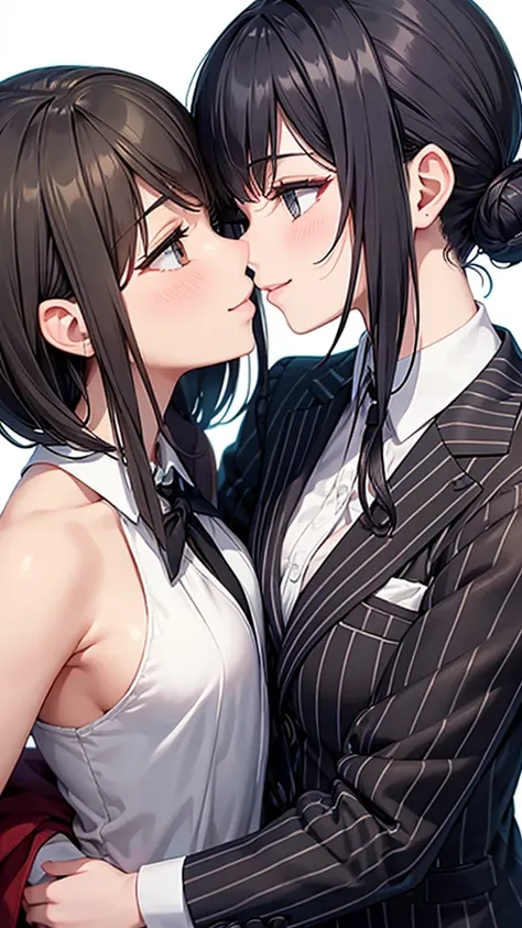 Two women in black top-of-the-line striped suits engaged in a deep kiss　tie　smile