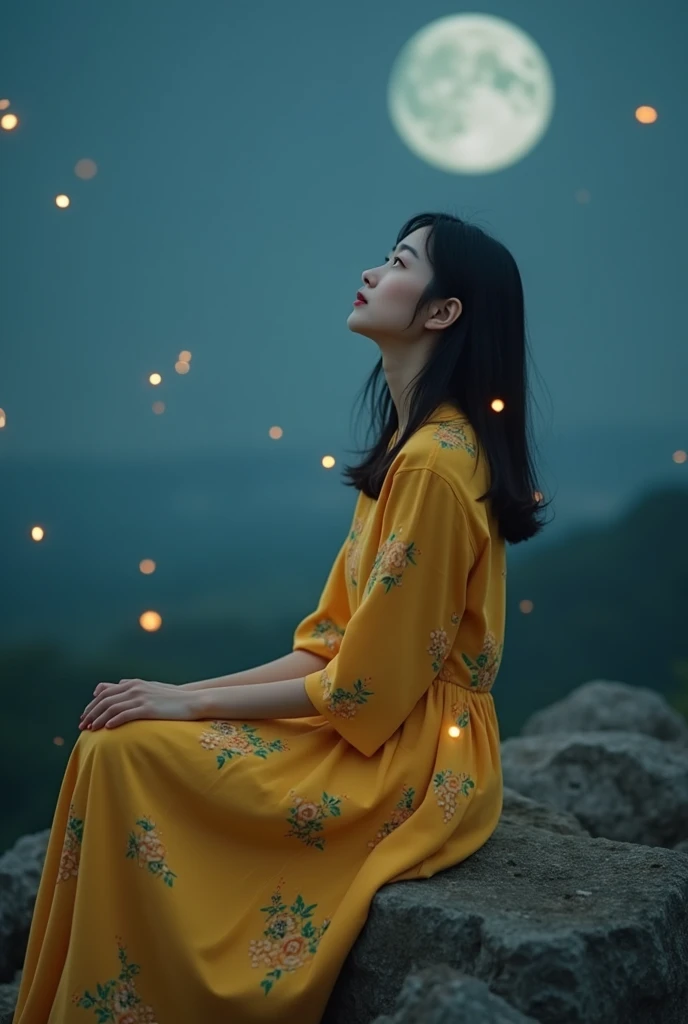 Photography of a beautiful girl 
 Korea face sitting on a rock with a smile longing for something wearing a yellow Madura batik dress with a romantic atmosphere looking moonlight shining a firefly looking up ultra super HD K64 camera cannon 