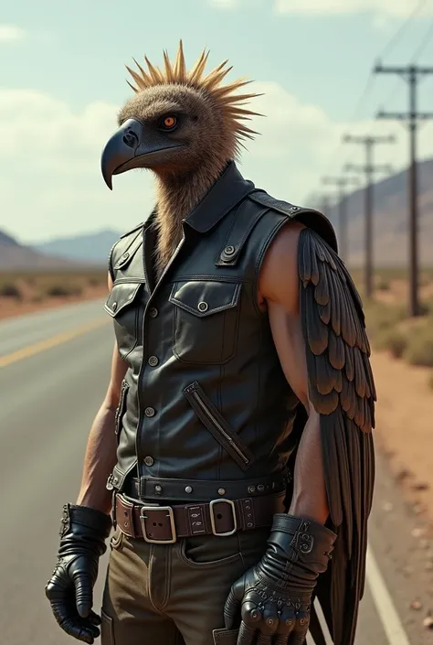 American Vulture Biker Animal with Clean Biker Leather Vest with German Military Gourd Helmet 