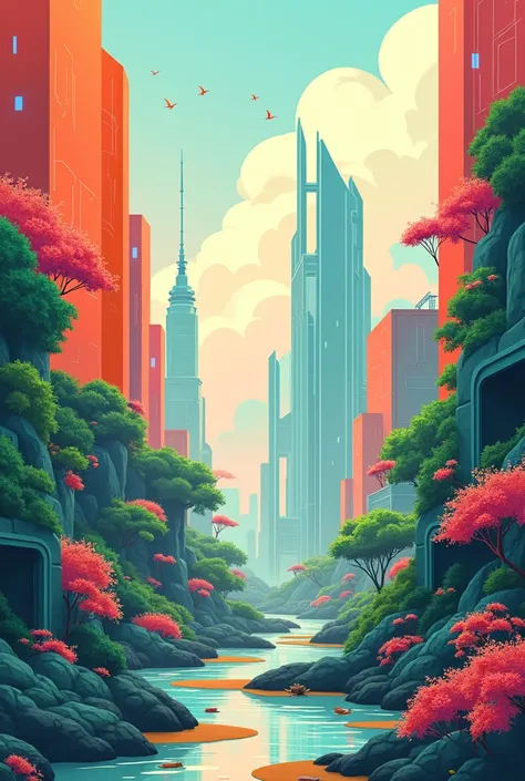 Create a image of moder urban suggestive landscape. Vibrant and muted color palettes, modern and clean design, contemporary abstract art. Lo-fi image, Retro, Flat, 2.5D, use studio ghibli style, vibrant colors, 8k, high detailed, high quality.