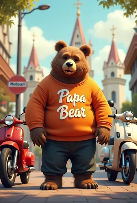 A brown bear dressed in black pants and an orange sweater that says Papa Bear with two motorcycles, one red and one white, behind them the Maracay Cathedral and a sign that says MOTOTAXI