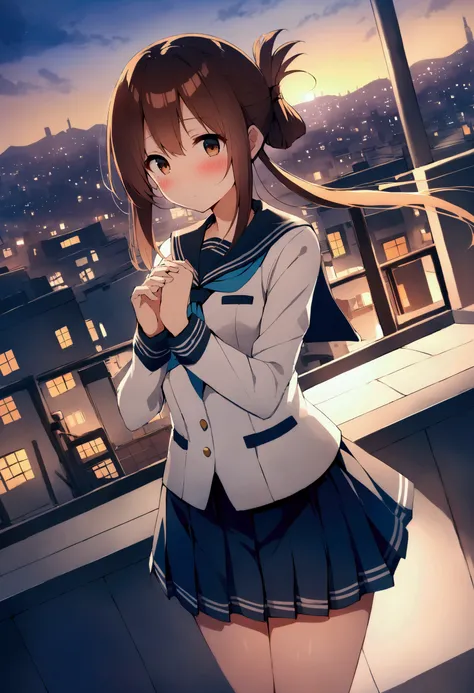 score_9、score_8_up、score_7_up、source_anime、Lightning、Long Hair、Brown Hair、Brown eyes、Folded ponytail、Lightning（Kantai Collection）、skirt、uniform、Sailor suit、neckerchief、rooftop、sunset、Cityscape、Quiet Moments、The wind blows、Lost in Thought、、Place your hand o...