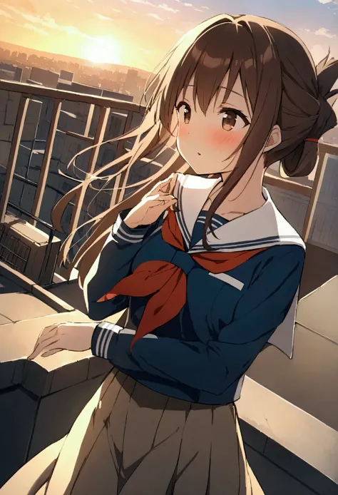 score_9、score_8_up、score_7_up、source_anime、Lightning、Long Hair、Brown Hair、Brown eyes、Folded ponytail、Lightning（Kantai Collection）、skirt、uniform、Sailor suit、neckerchief、rooftop、sunset、Cityscape、Quiet Moments、The wind blows、Lost in Thought、、Place your hand o...