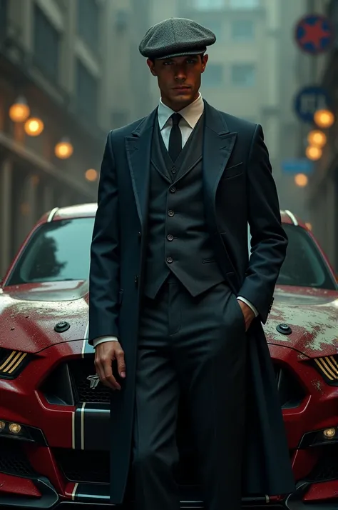 I want an image of Thomas Shelby next to a Ford Mustang Shelby GT500