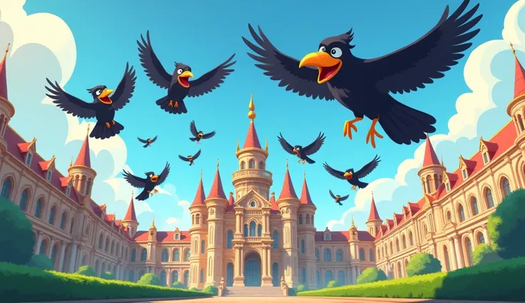 Bunch of Cartoon  crows are flying in the sky  inside the palace