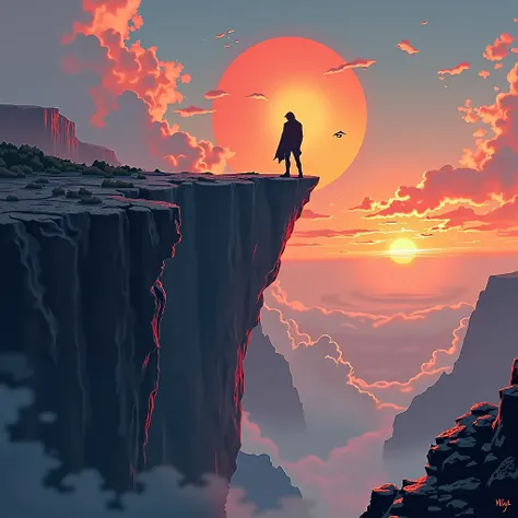 The goal is to depict a horizon at the bottom of the cover, with a cliff where the band’s logo is integrated. In the background, there should be a sunset, partially covered by clouds, from which Mr. Fate stands out from tze clouds