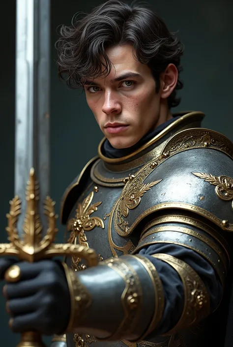 (photorealism:1.2), a man, young, looking like the model Edu Roman dressed in armor and a sword