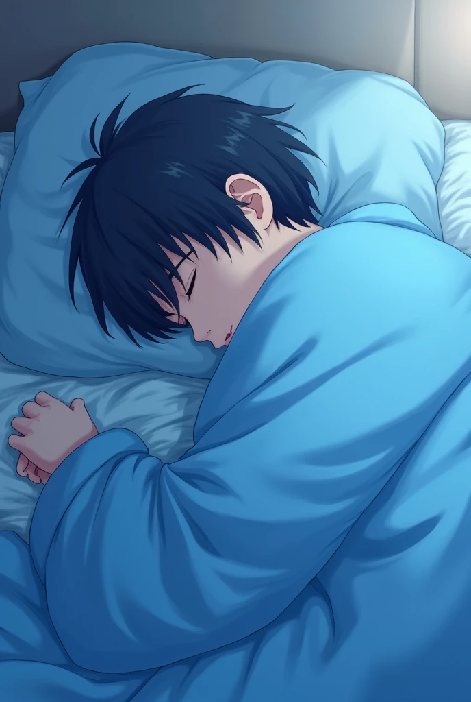 An anime guy sleeping with his head covered and his head hidden in a blue blanket