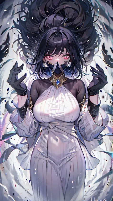 Background with countless floating hands,Woman with black lips,Sensual,Best Quality, Textured skin, Large Breasts, Black Hair, Shiny Hair, Long Hair, Large Breasts, White eyeball, Thin black dress,Character portrait, Anime Style, 