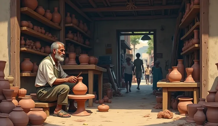 A potter in his shop with utensils of soul, potter is very poor village man, the shop of potter is in the market,few people walking in the background.