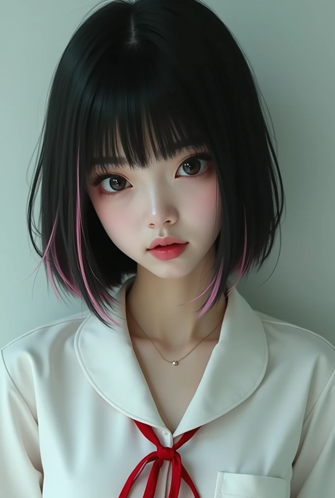 Realistic woman 20 years old body facing forward firm face beautiful mysterious, plump lips, ras asian south korea, intimidating glare, sharp bob cut straight black hair accented with light pink highlights a few strands, normal breasts, white school unifor...