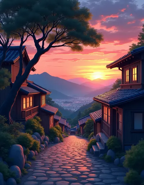 Create a detailed anime-style illustration of A tranquil evening scene set in a small, traditional Japanese village on the side of a mountain. The cobblestone pathway, lined with weathered stones and small green plants, gently winds between wooden houses w...