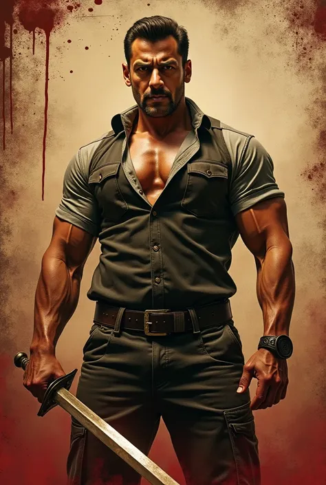 Salman Khan little bulk body holding sword, bloody massy Poster, wearing vest and shirt, walking badass