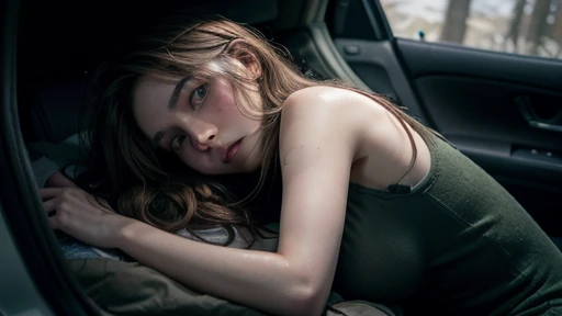 A young woman in her early 20s, with light brown, shoulder-length straight hair and green eyes, lying cramped inside a dark car trunk. Her body is pressed against the cold, metal surface of the trunk, her face contorted in pain and fear. The camera angle i...