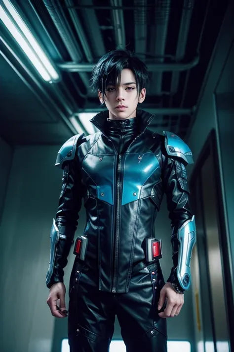 whole body, whole bodyの一般的な写真, anime boy with blue eyes and black hair in futuristic outfit, cyberpunk anime boy, boy in mecha c...