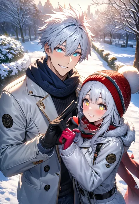 absurdres, highres, ultra detailed, HDR, master piece, Gojou Satoru, A couple, wearing winter hats, scarves, and winter gloves, dressed in white jackets, making the love hand gesture, smiling sweetly, on a sunny day in the park., (((high resolution))), (((...