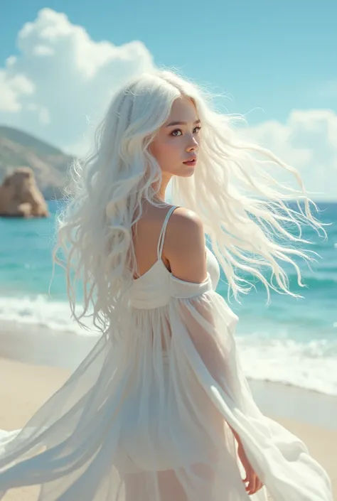 White Hair、Beautiful girl、Super super long hair、The wind blows my hair to the side、Flying straw hat、coastal