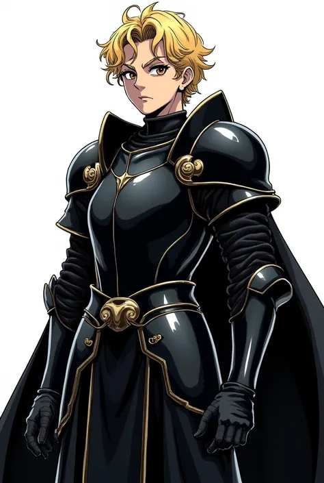 I would like an image in manga art, of a knight in black armor, short curly blonde hair, brown eyes, White